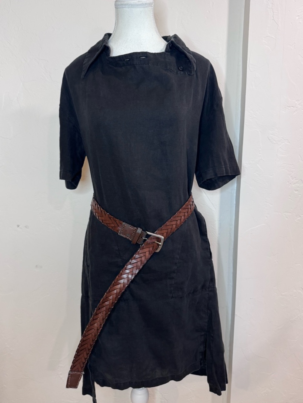 Amanda Laird Cherry 100% Linen Dress Black Minimalist Tunic Asymmetrical Hem